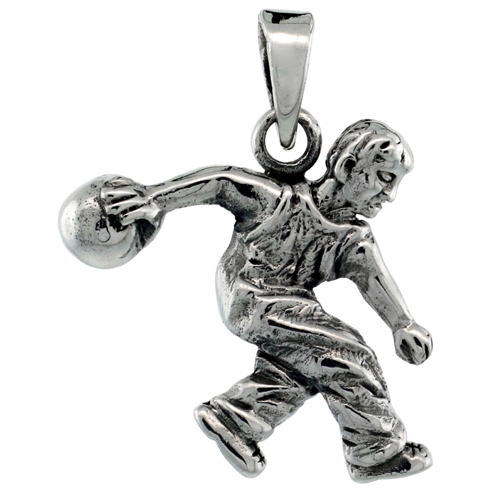 STERLING SILVER BOWLER ON BOWLING ACTION PENDANT 3/4 INCH TALL