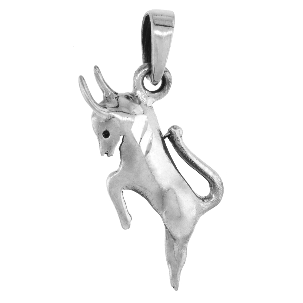 1 inch Sterling Silver Prancing Bull Necklace Diamond-Cut Oxidized finish available with or without chain