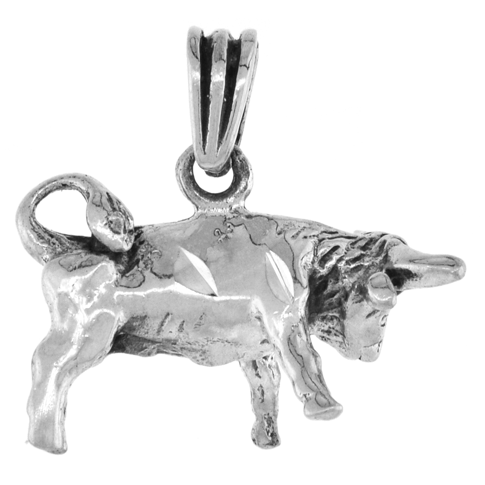 1 inch Sterling Silver Standing Bull Necklace 3-D Diamond-Cut Oxidized finish available with or without chain