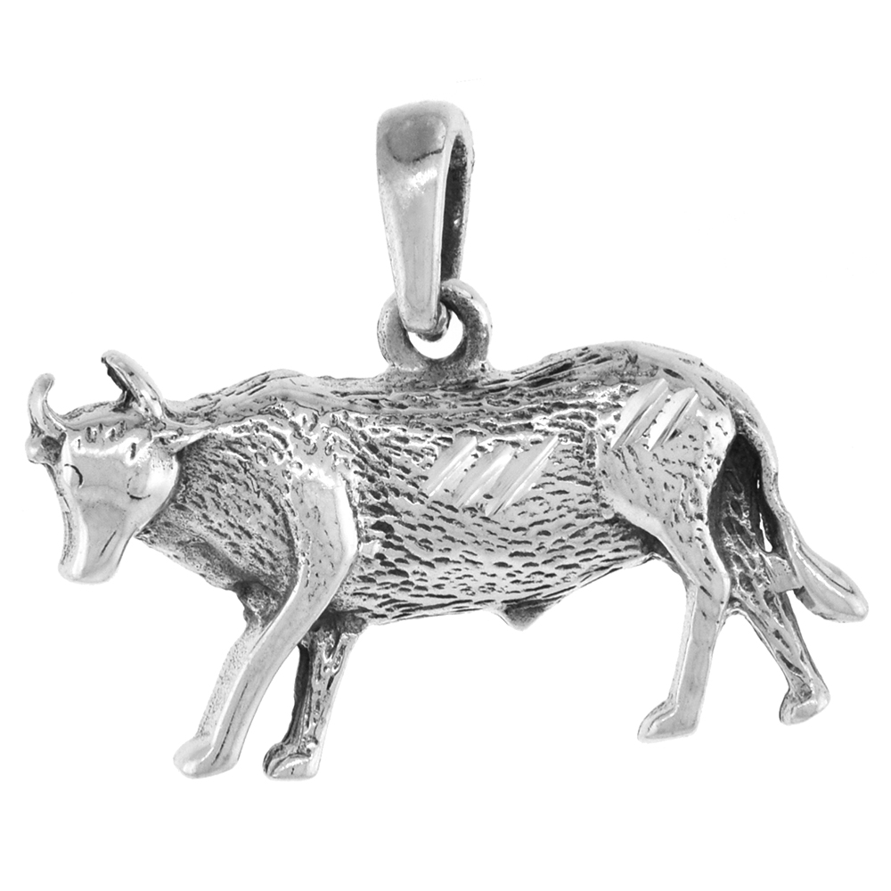 1 inch Sterling Silver Cow Necklace Diamond-Cut Oxidized finish available with or without chain