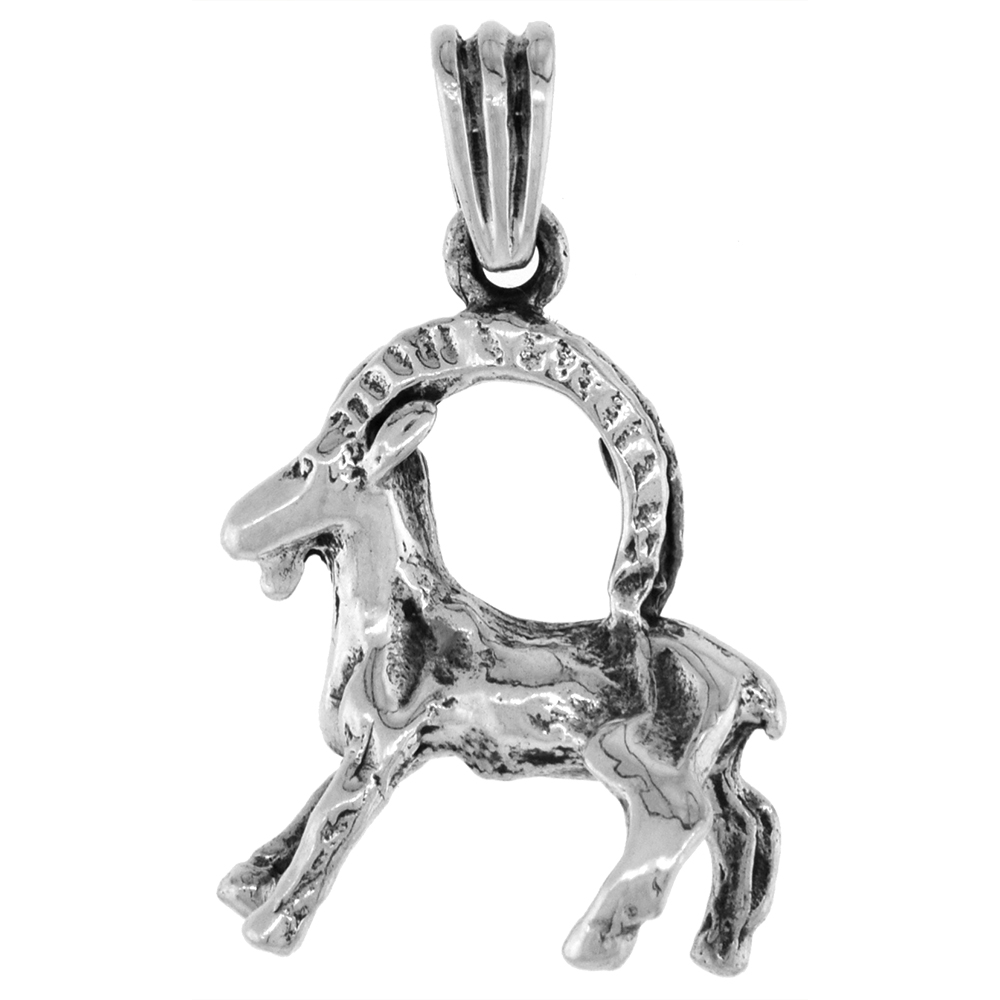 1 1/8 INCH STERLING SILVER WILD IBEX GOAT PENDANT DIAMOND-CUT OXIDIZED FINISH NO CHAIN