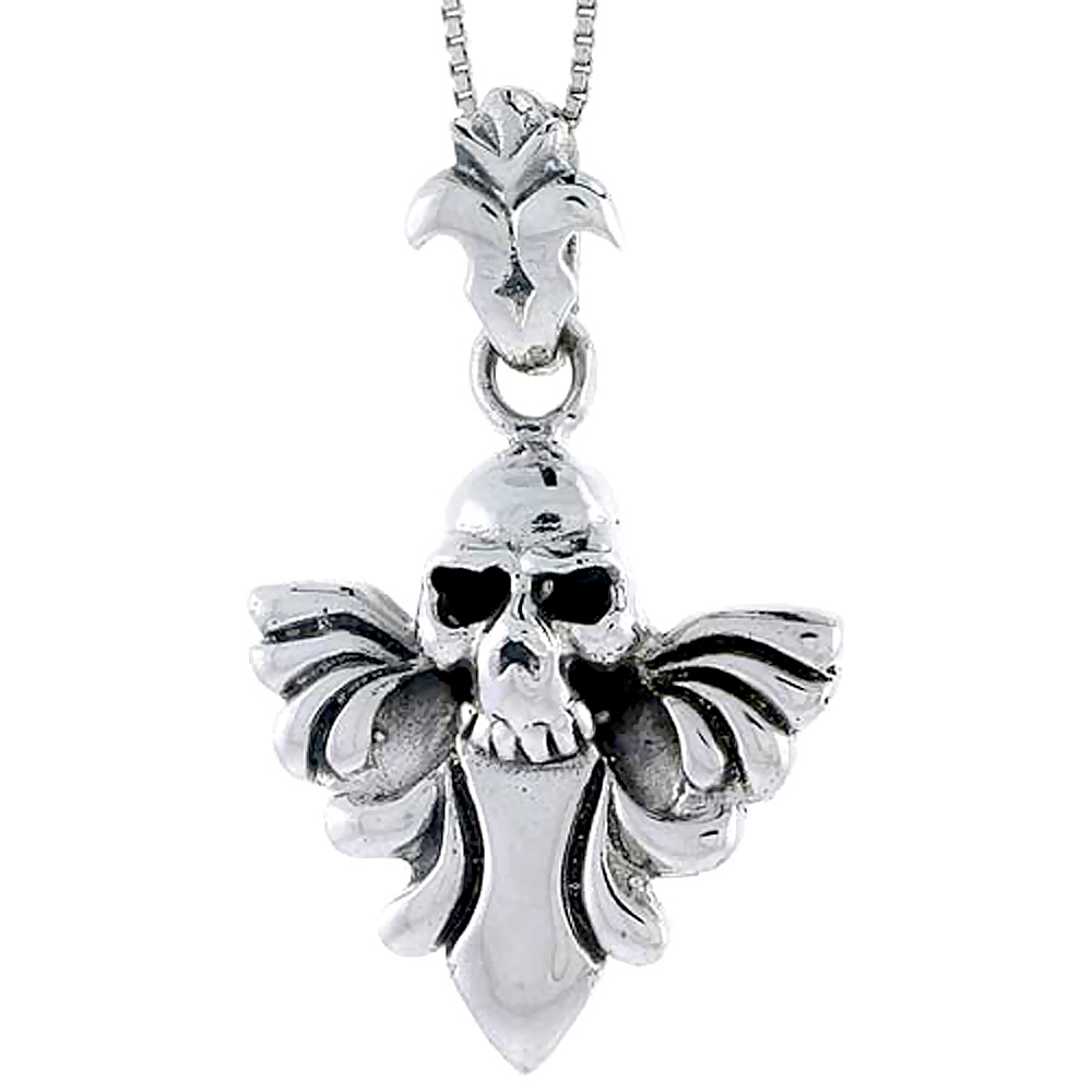STERLING SILVER SKULL & WINGS PENDANT 1 5/8 INCH TALL