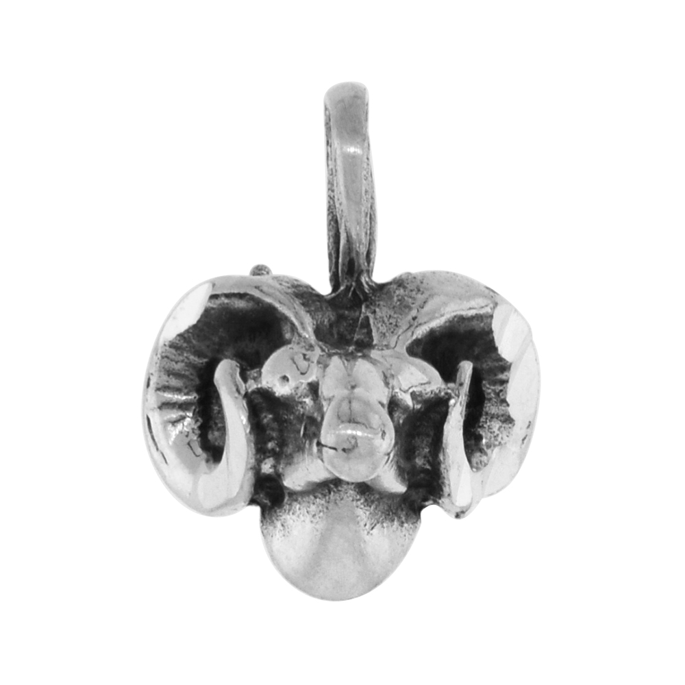 SMALL 3/4 INCH STERLING SILVER RAMS HEAD PENDANT FOR WOMEN DIAMOND-CUT OXIDIZED FINISH NO CHAIN
