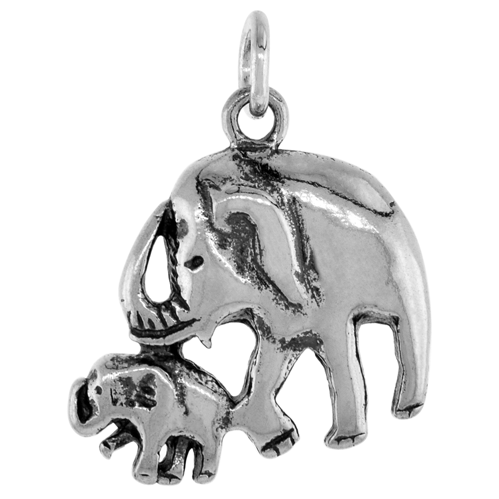 1 1/4 inch Sterling Silver Mother and Baby Elephant Necklace Diamond-Cut Oxidized finish available with or without chain