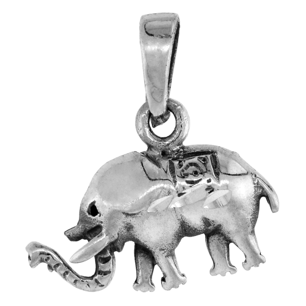 Small 1 inch Sterling Silver African Elephant Pendant for Women Diamond-Cut Oxidized finish NO Chain