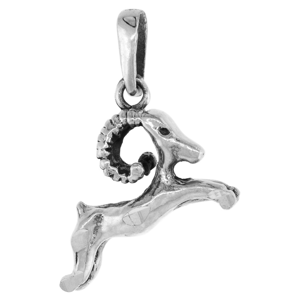 1 inch Sterling Silver Prancing Ibex Goat Capricorn Necklace Diamond-Cut Oxidized finish available with or without chain