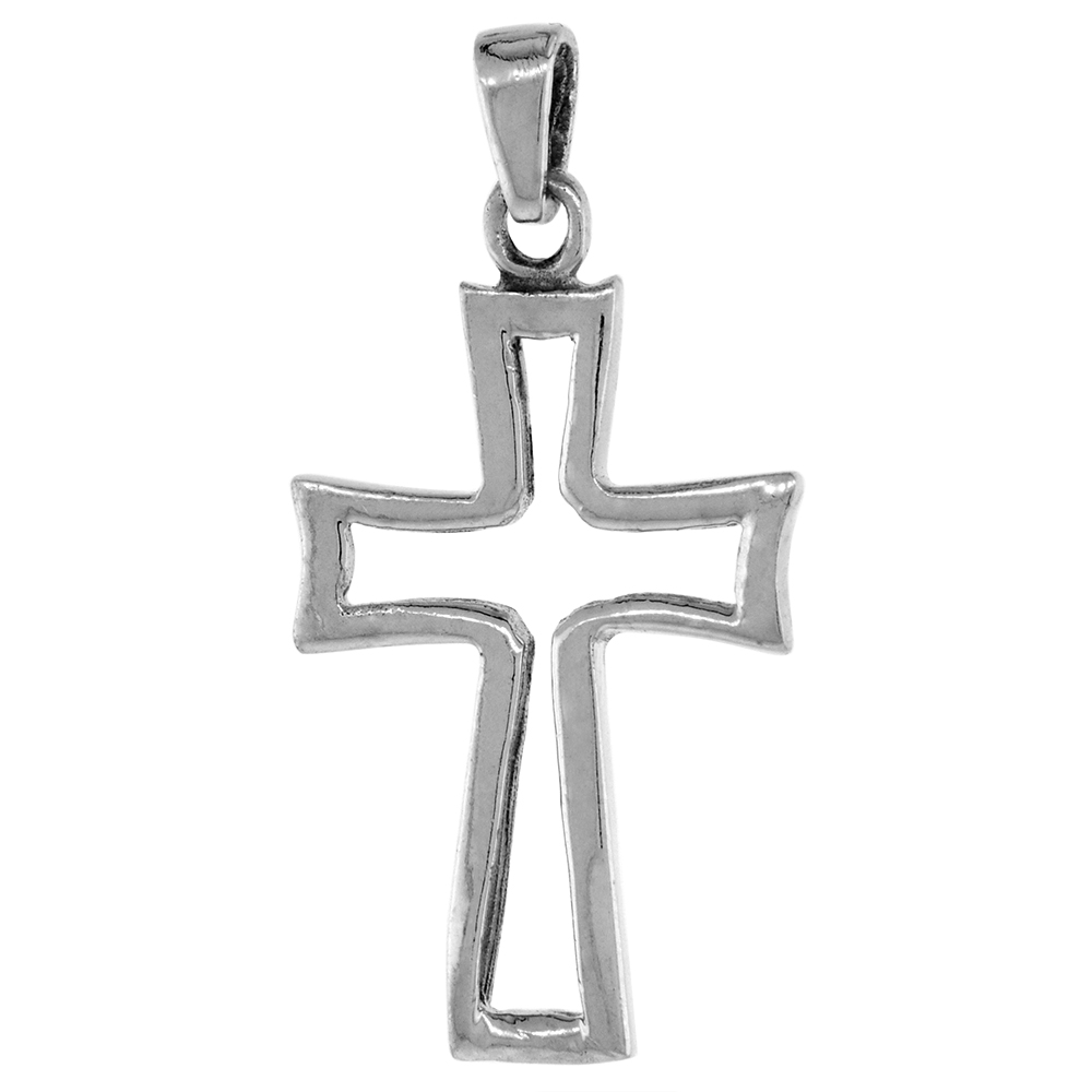 1.1 INCH STERLING SILVER OPEN CROSS PENDANT OUTLINE FOR MEN AND WOMEN DIAMOND-CUT OXIDIZED FINISH NO CHAIN