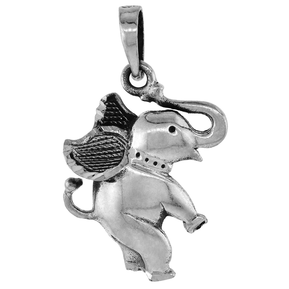 1 inch Sterling Silver Standing Circus Elephant Pendant Diamond-Cut Oxidized finish NO Chain