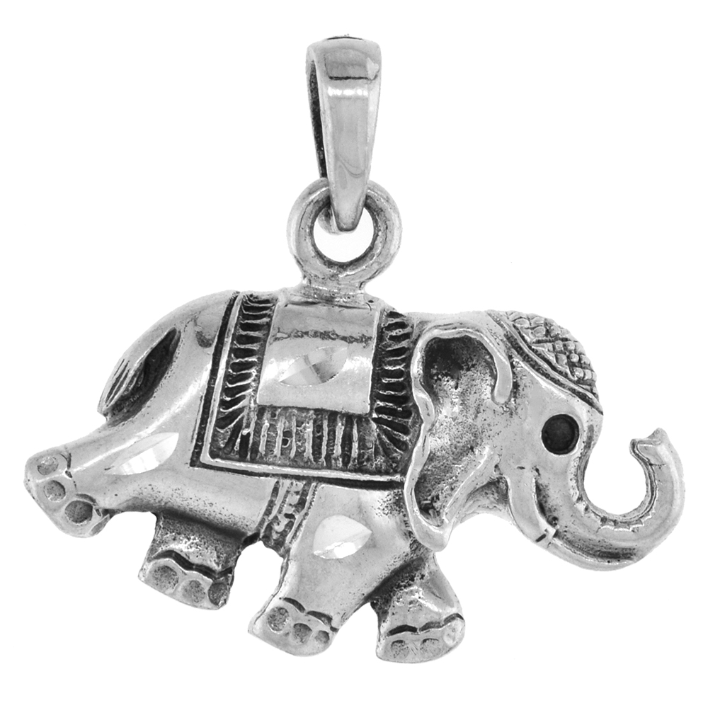 1 1/16 inch Sterling Silver Circus Elephant Necklace Diamond-Cut Oxidized finish available with or without chain