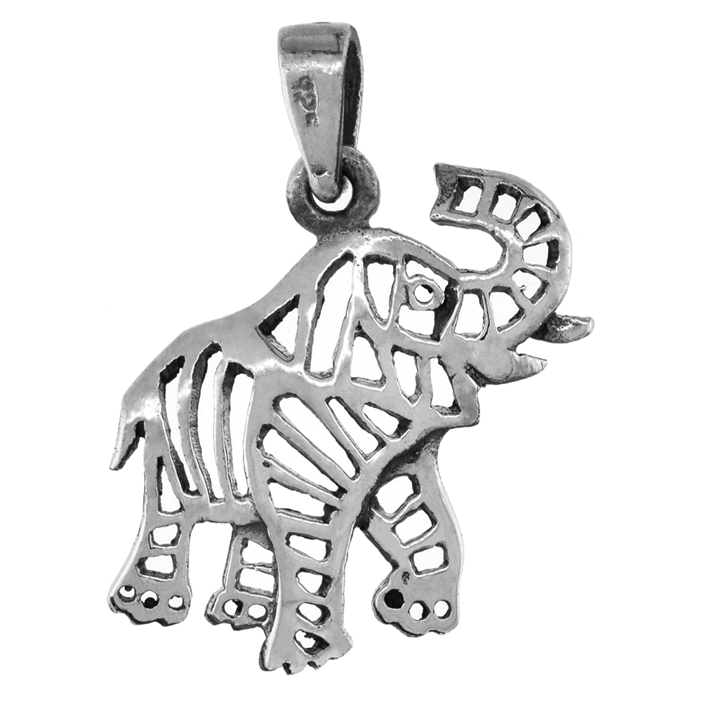 1 1/4 inch Sterling Silver Filigree Elephant Necklace Diamond-Cut Oxidized finish available with or without chain
