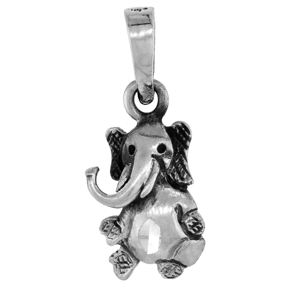 1 inch Sterling Silver Sitting Elephant Necklace Diamond-Cut Oxidized finish available with or without chain