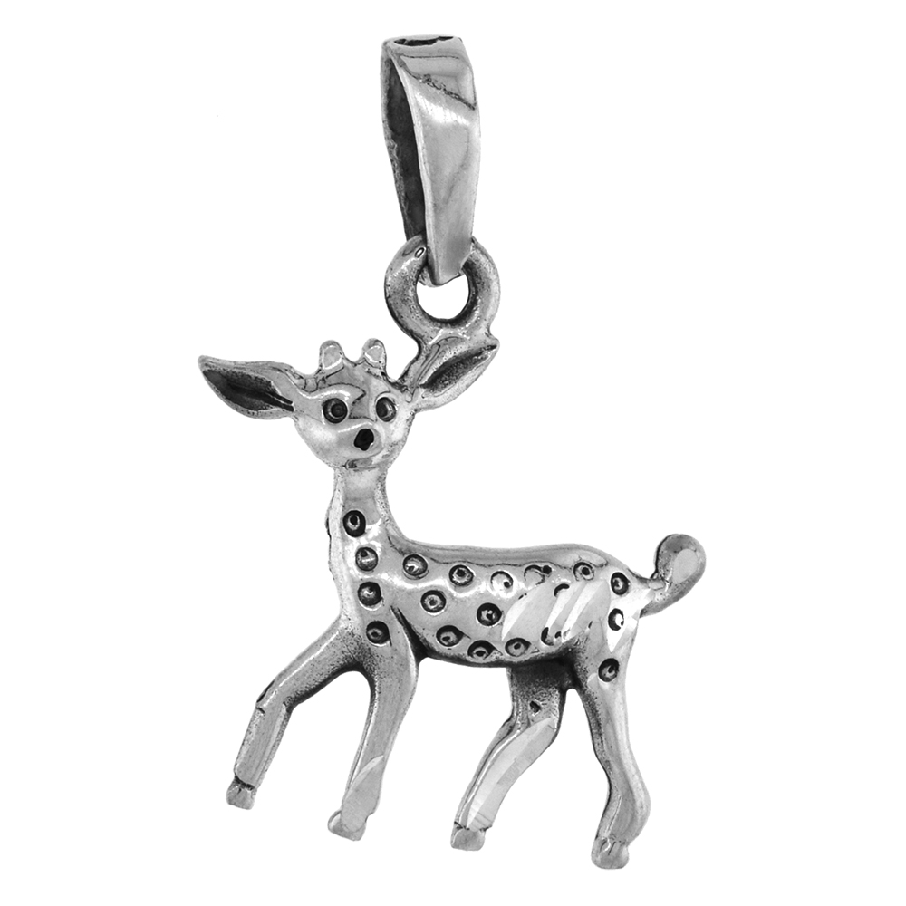 1 1/8 inch Sterling Silver Baby Deer Fawn Pendant Diamond-Cut Oxidized finish NO Chain