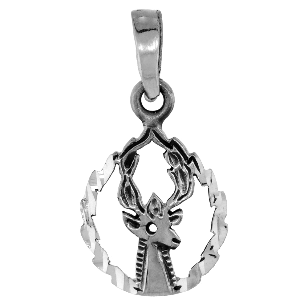 1 inch Sterling Silver Reindeer Necklace Diamond-Cut Oxidized finish available with or without chain