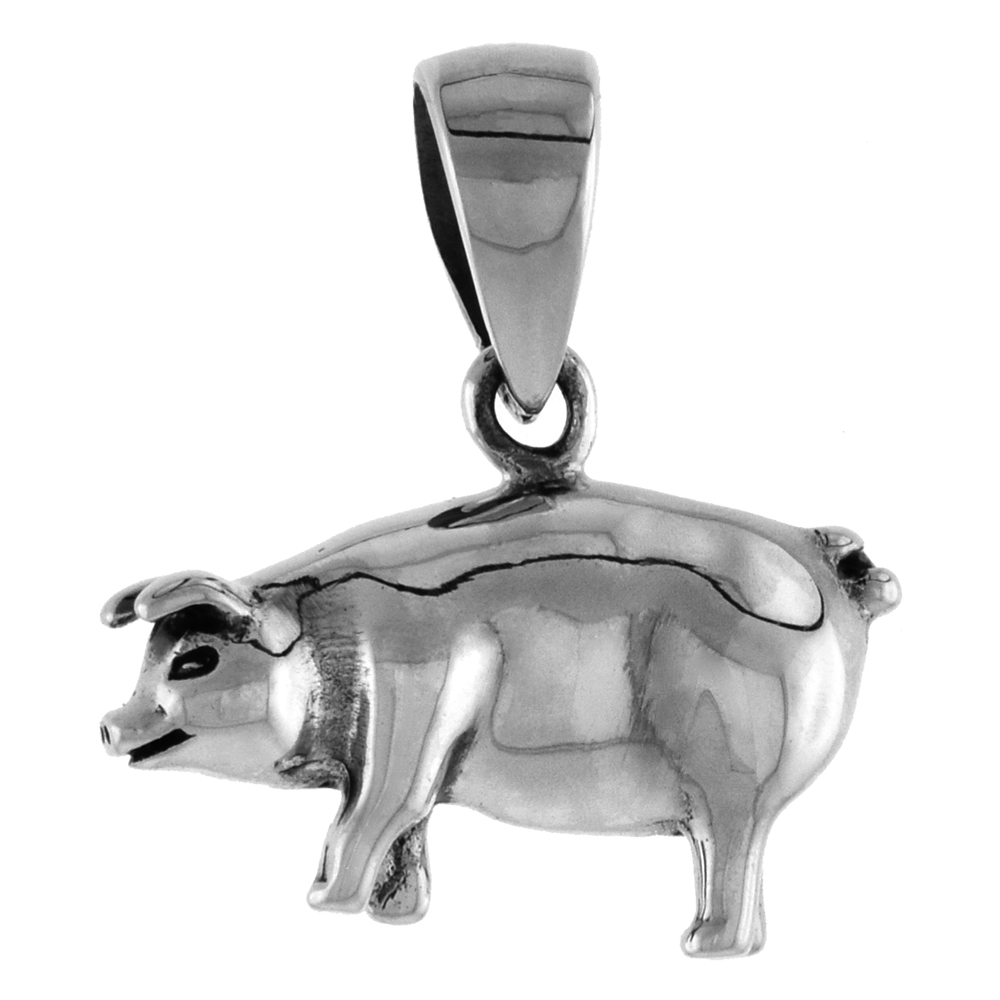 SMALL 3/4 INCH STERLING SILVER FAT HOG PENDANT FOR WOMEN3-D DIAMOND-CUT OXIDIZED FINISH NO CHAIN