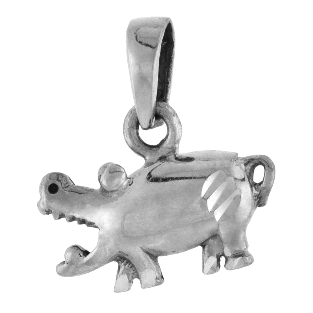 SMALL 3/4 INCH STERLING SILVER HIPPO PENDANT FOR WOMEN DIAMOND-CUT OXIDIZED FINISH NO CHAIN