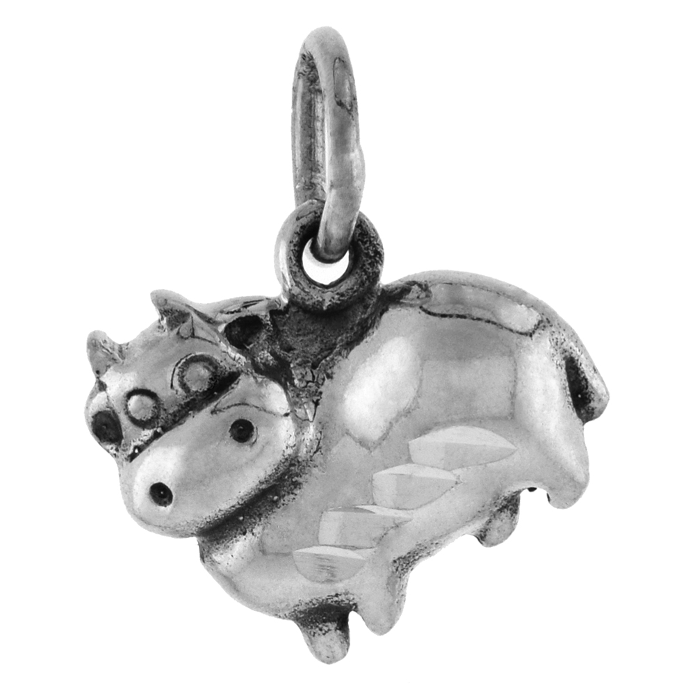 TINY 5/8 INCH STERLING SILVER FAT COW PENDANT FOR WOMEN DIAMOND-CUT OXIDIZED FINISH NO CHAIN