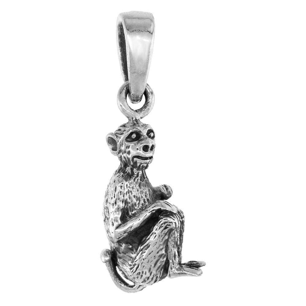1 inch Sterling Silver Sitting Monkey Necklace Diamond-Cut Oxidized finish available with or without chain
