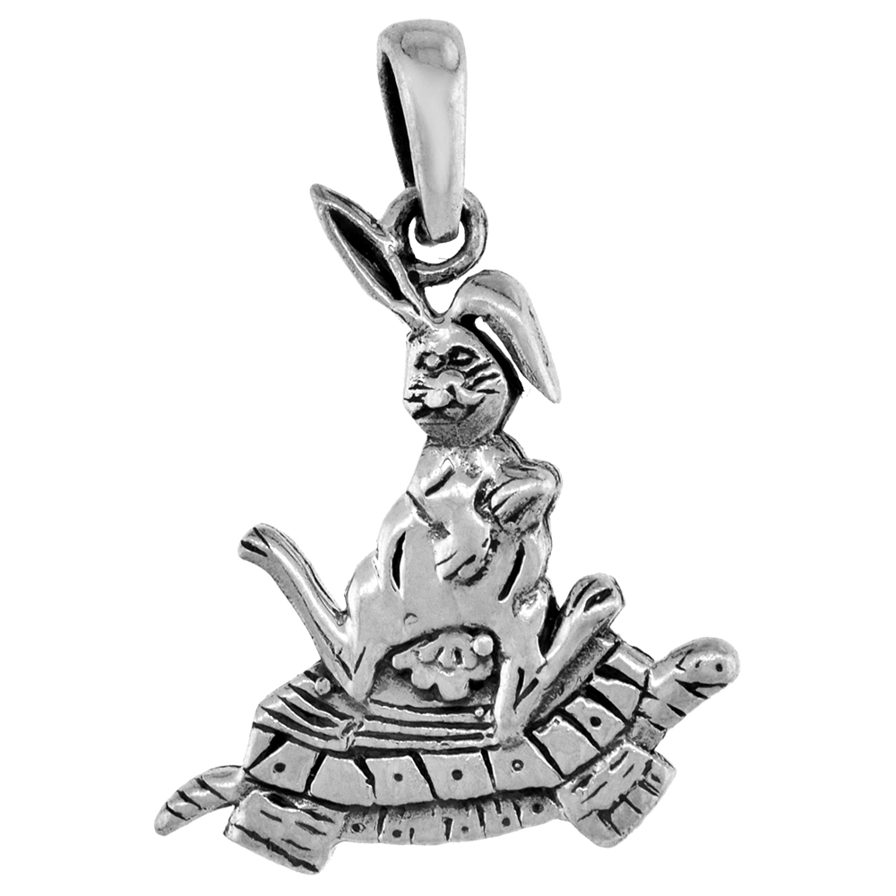 1 1/4 inch Sterling Silver Rabbit sitting on Turtle Necklace 3-D Diamond-Cut Oxidized finish available with or without chain