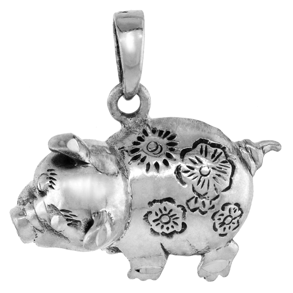 1 1/8 inch Sterling Silver Piggy Necklace Diamond-Cut Oxidized finish available with or without chain