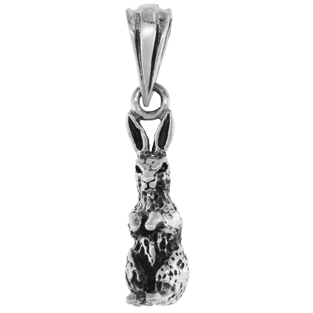 1 1/16 inch Sterling Silver sitting Rabbit Necklace 3-D Diamond-Cut Oxidized finish available with or without chain
