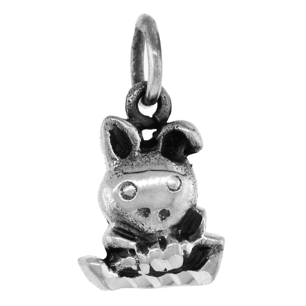Small 3/4 inch Sterling Silver Baby Bunny Pendant for Women Diamond-Cut Oxidized finish NO Chain