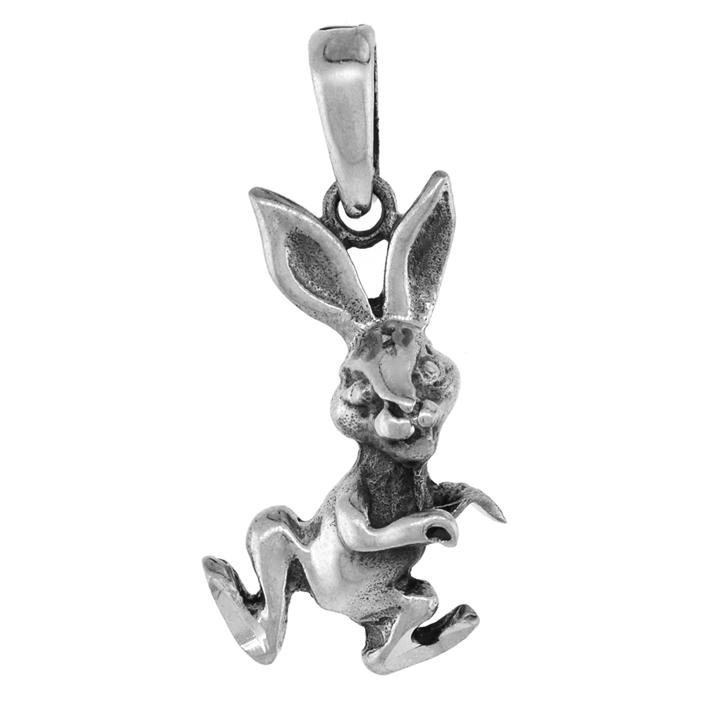 1 1/8 INCH STERLING SILVER DANCING RABBIT PENDANT DIAMOND-CUT OXIDIZED FINISH NO CHAIN