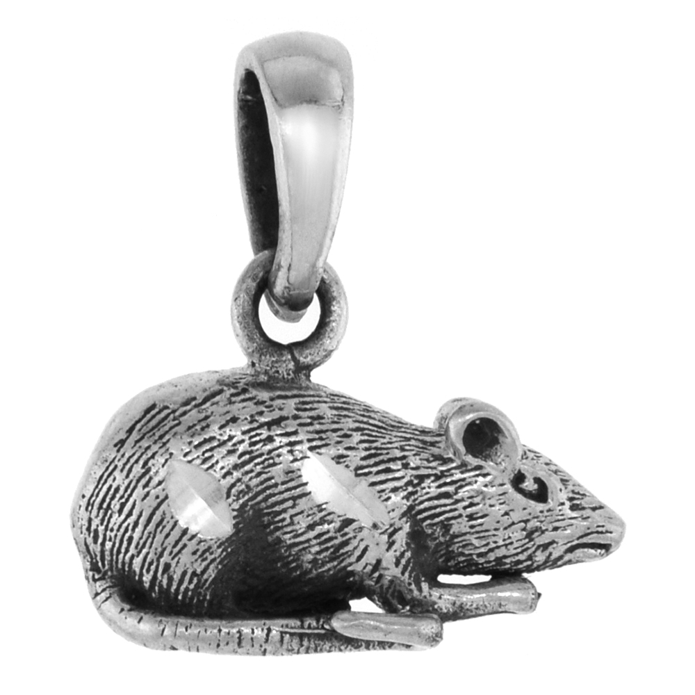 TINY 5/8 INCH STERLING SILVER YEAR OF THE RAT PENDANT FOR WOMEN3-D DIAMOND-CUT OXIDIZED FINISH NO CHAIN