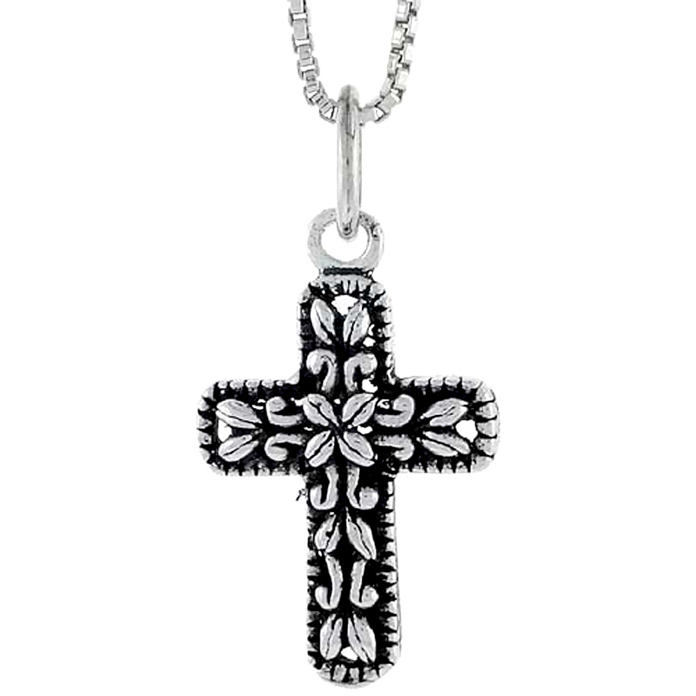 STERLING SILVER VINE CROSS CHARM 3/4 INCH TALL