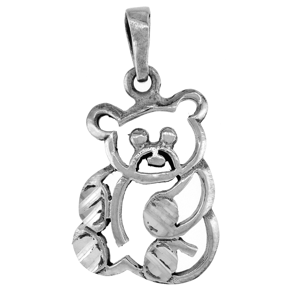 1 3/8 INCH STERLING SILVER OPEN TEDDY BEAR PENDANT FOR WOMEN DIAMOND-CUT OXIDIZED FINISH NO CHAIN