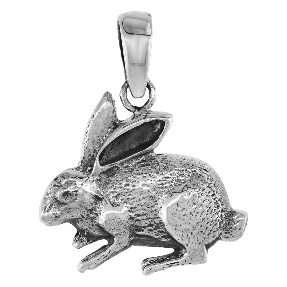 1 inch Sterling Silver Sitting Rabbit Necklace Diamond-Cut Oxidized finish available with or without chain