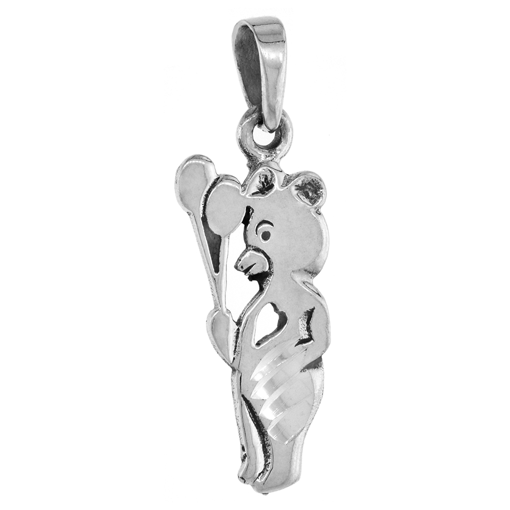 1 3/8 INCH STERLING SILVER CIRCUS BEAR WITH BALLOONS PENDANT FOR WOMEN DIAMOND-CUT OXIDIZED FINISH NO CHAIN