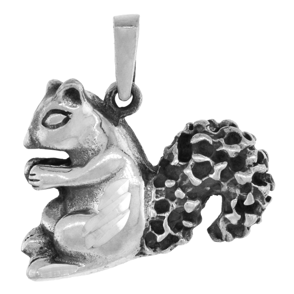 7/8 inch Sterling Silver Squirrel Necklace Diamond-Cut Oxidized finish available with or without chain