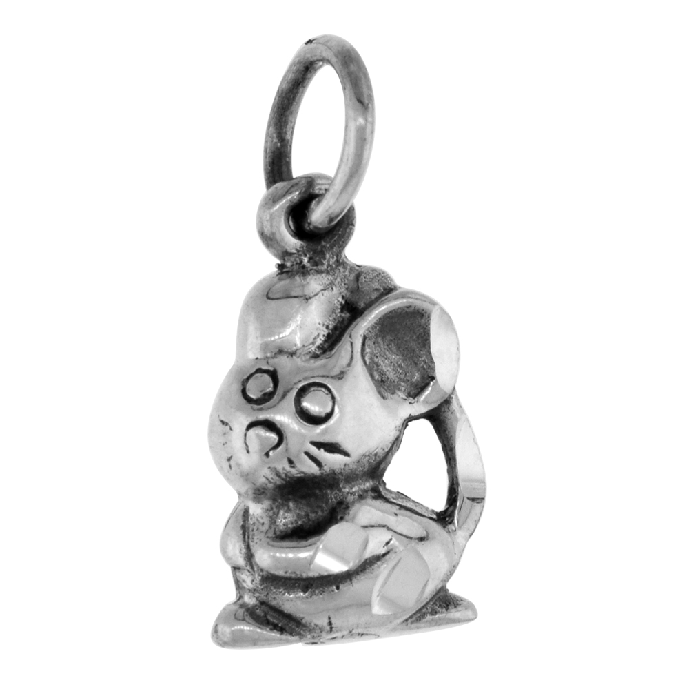 SMALL 3/4 INCH STERLING SILVER SITTING MOUSE PENDANT FOR WOMEN DIAMOND-CUT OXIDIZED FINISH NO CHAIN