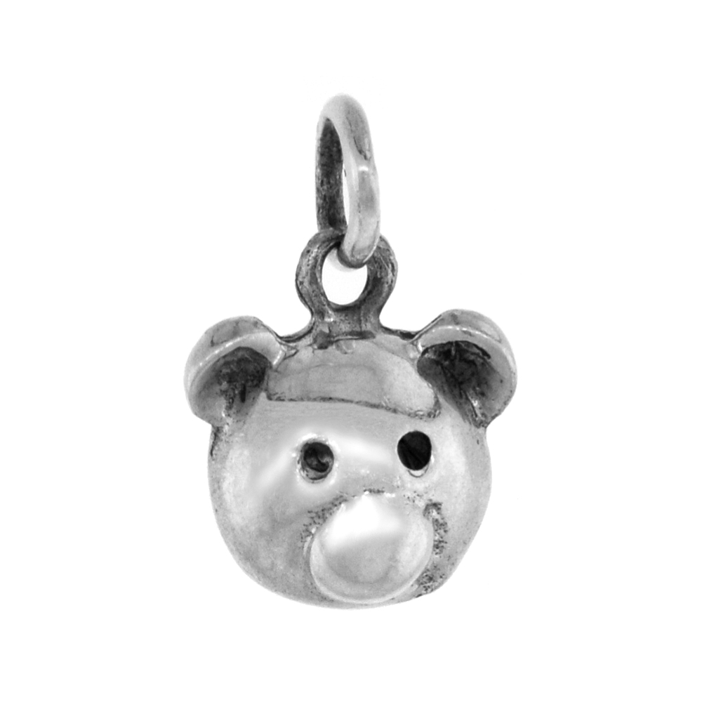 Tiny 1/2 inch Sterling Silver Teddy Bear Head Necklace for Women Diamond-Cut Oxidized finish available with or without chain