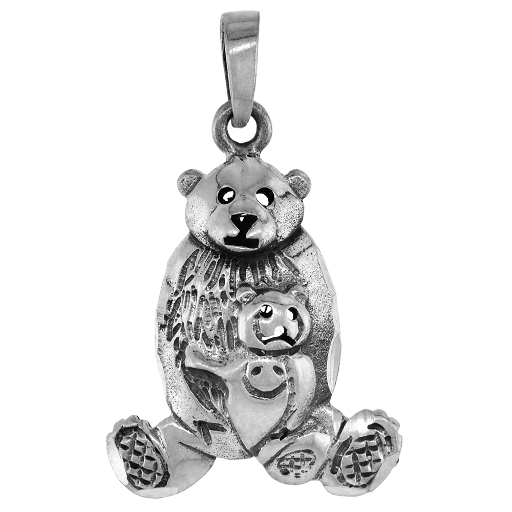 1 3/8 INCH STERLING SILVER MOMMY BEAR AND CUB PENDANT FOR WOMEN DIAMOND-CUT OXIDIZED FINISH NO CHAIN