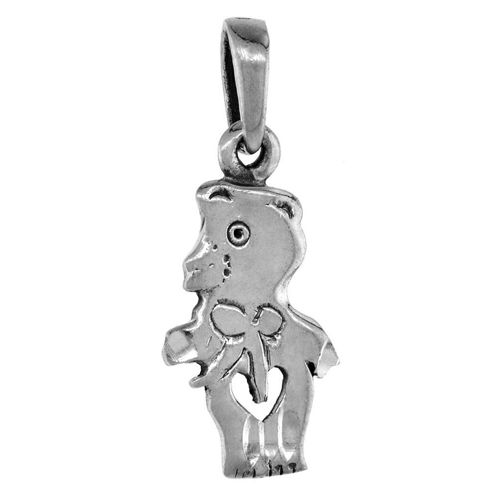 1 1/4 INCH STERLING SILVER TEDDY BEAR PENDANT WITH HEART CUT-OUT FOR WOMEN DIAMOND-CUT OXIDIZED FINISH NO CHAIN