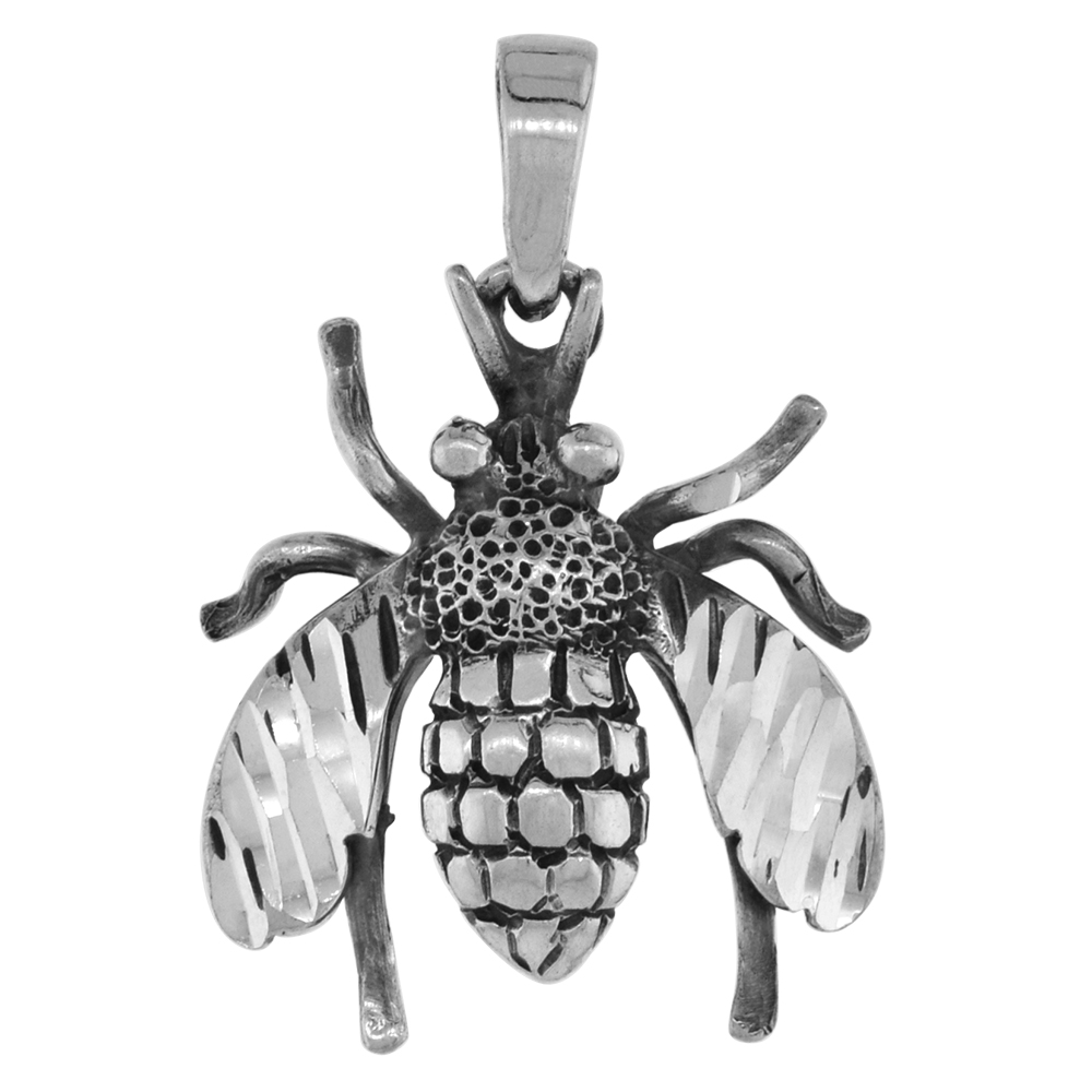 1 1/4 INCH STERLING SILVER FLY PENDANT DIAMOND-CUT OXIDIZED FINISH NO CHAIN