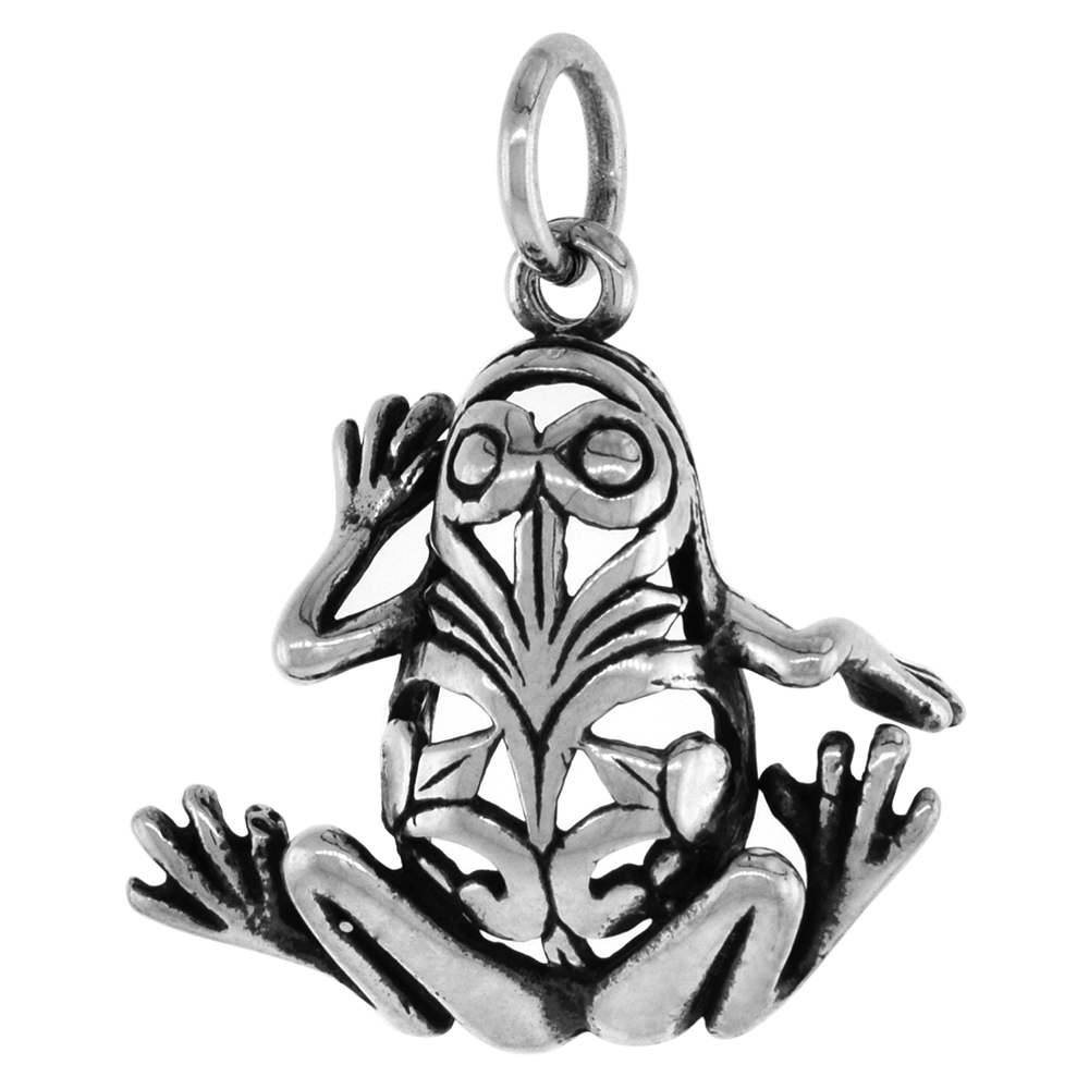 1 1/8 INCH STERLING SILVER FILIGREE FROG PENDANT DIAMOND-CUT OXIDIZED FINISH NO CHAIN