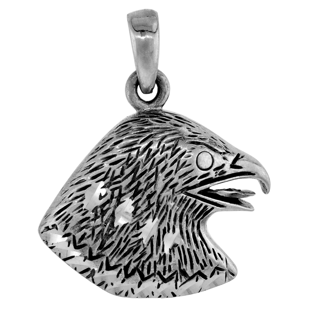 1 1/4 inch Sterling Silver Eagle Head Necklace Diamond-Cut Oxidized finish available with or without chain