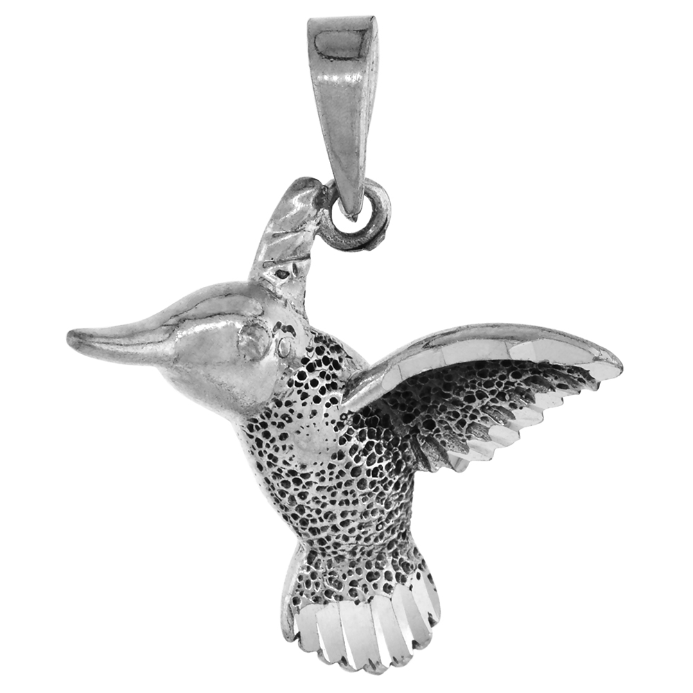 1 1/8 inch Sterling Silver Hummingbird Necklace Diamond-Cut Oxidized finish available with or without chain