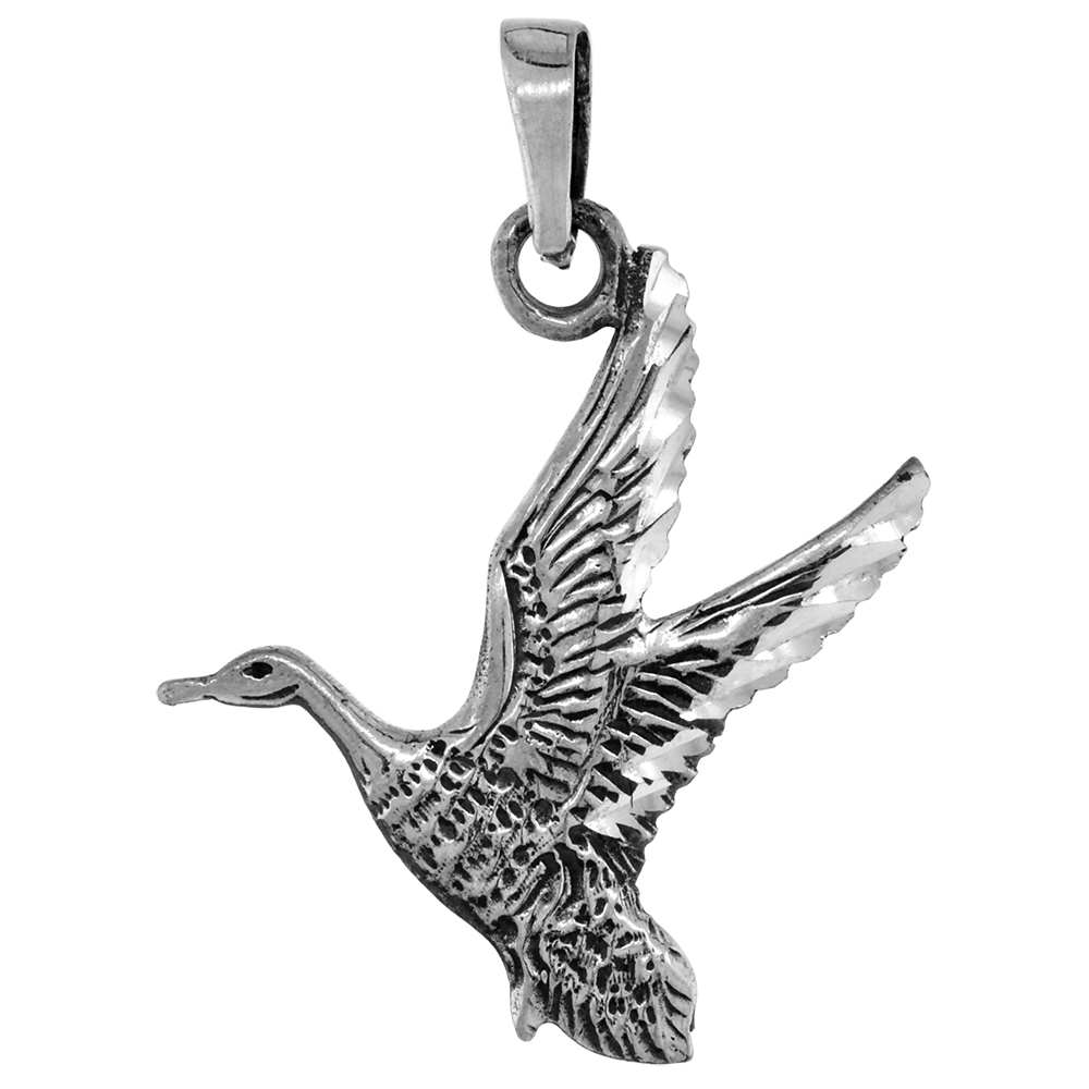 1 1/2 inch Sterling Silver Flying Goose Necklace Diamond-Cut Oxidized finish available with or without chain
