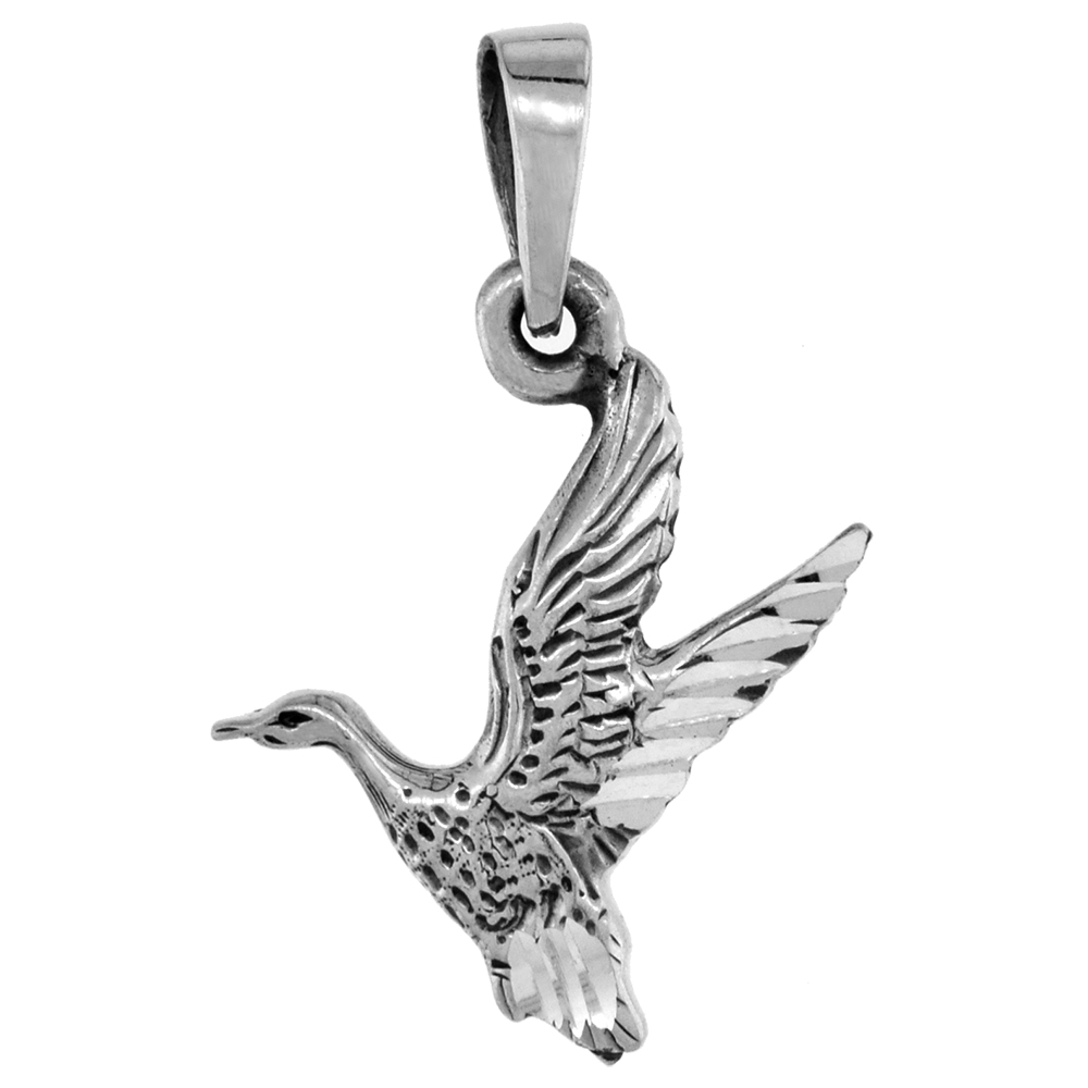 1 1/8 inch Sterling Silver Goose Necklace Diamond-Cut Oxidized finish available with or without chain