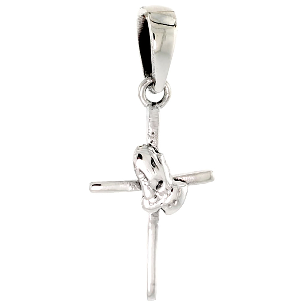 STERLING SILVER CROSS W/ PRAYING HANDS CHARM 3/4 INCH TALL