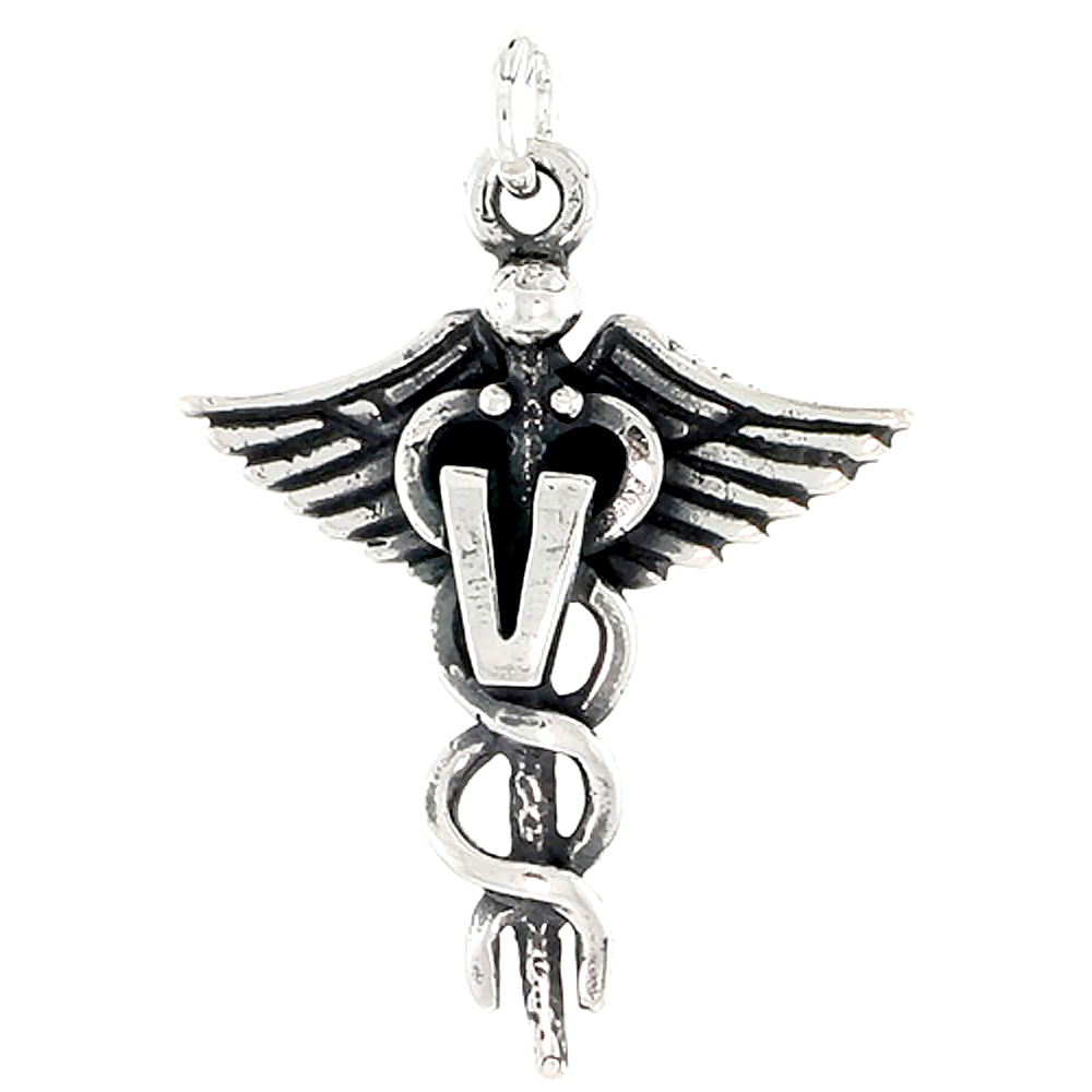 STERLING SILVER VETERINARY CADUCEUS (MEDICAL SYMBOL) CHARM 1 INCH TALL