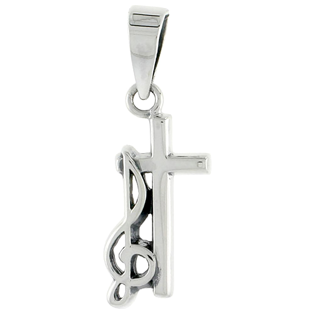 STERLING SILVER CRUCIFIX & G-CLEF CHARM 3/4 INCH TALL