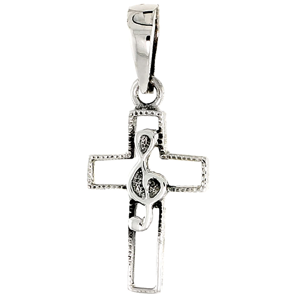 STERLING SILVER G-CLEF OVER A CRUCIFIX CHARM 3/4 INCH TALL