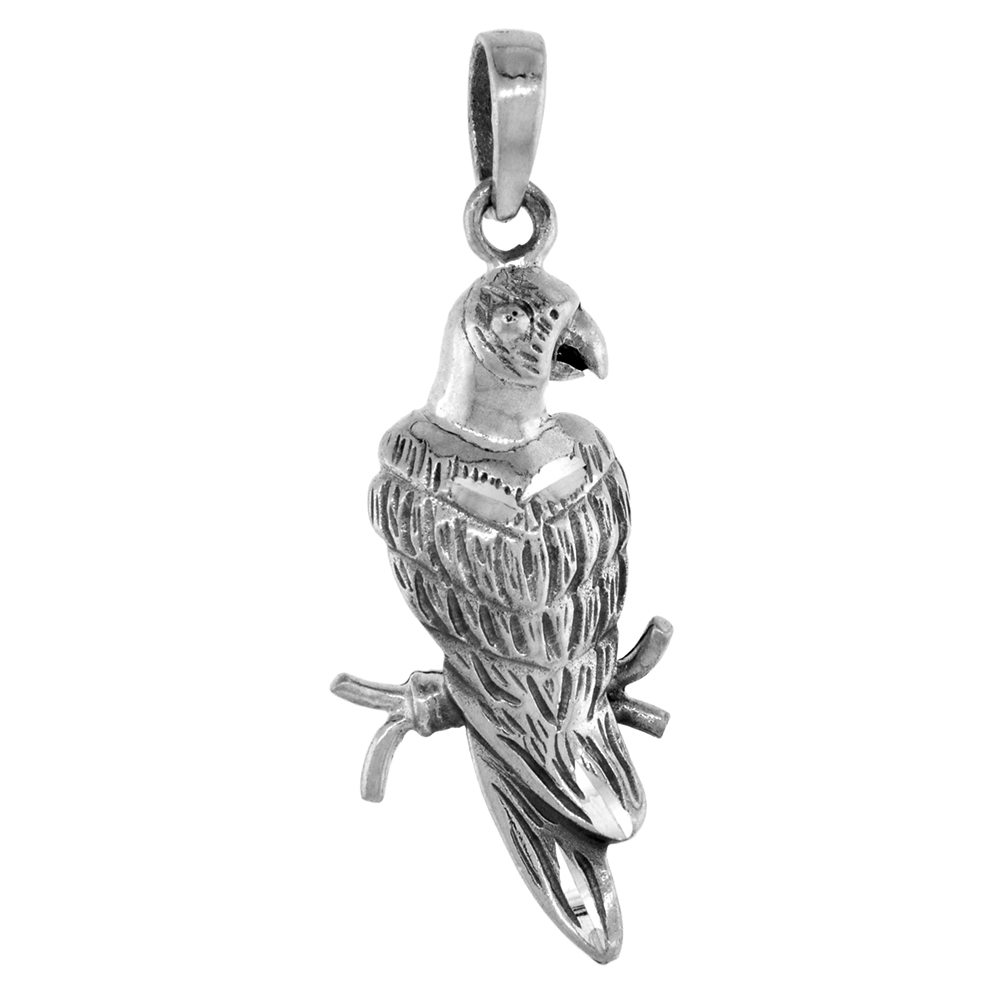 1 5/8 inch Sterling Silver Perching Parrot Necklace Diamond-Cut Oxidized finish available with or without chain