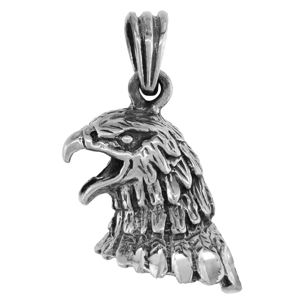 1 inch Sterling Silver Eagle Head Necklace Diamond-Cut Oxidized finish available with or without chain