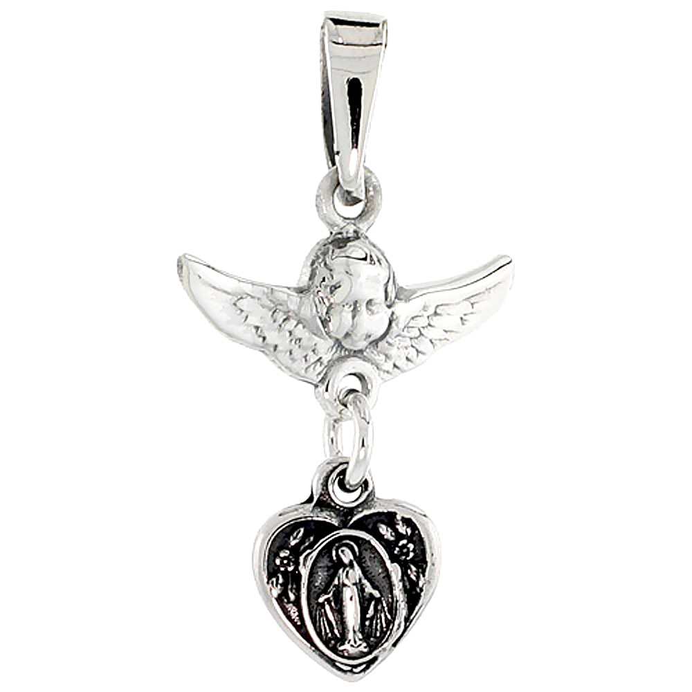 STERLING SILVER CHERUB ANGEL & BLESSED MOTHER CHARM 3/4 INCH TALL