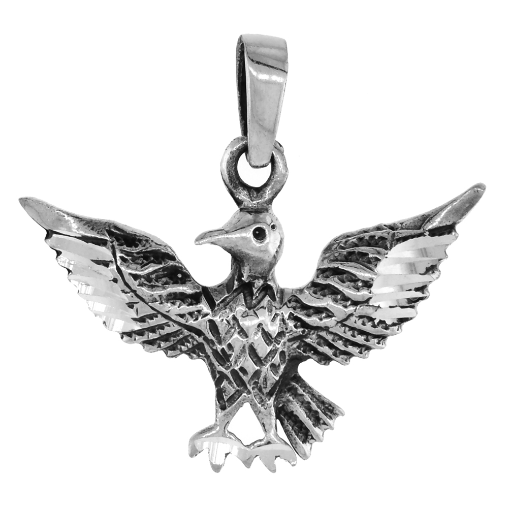 1 1/4 inch Sterling Silver Spread Wings Bird Necklace Diamond-Cut Oxidized finish available with or without chain